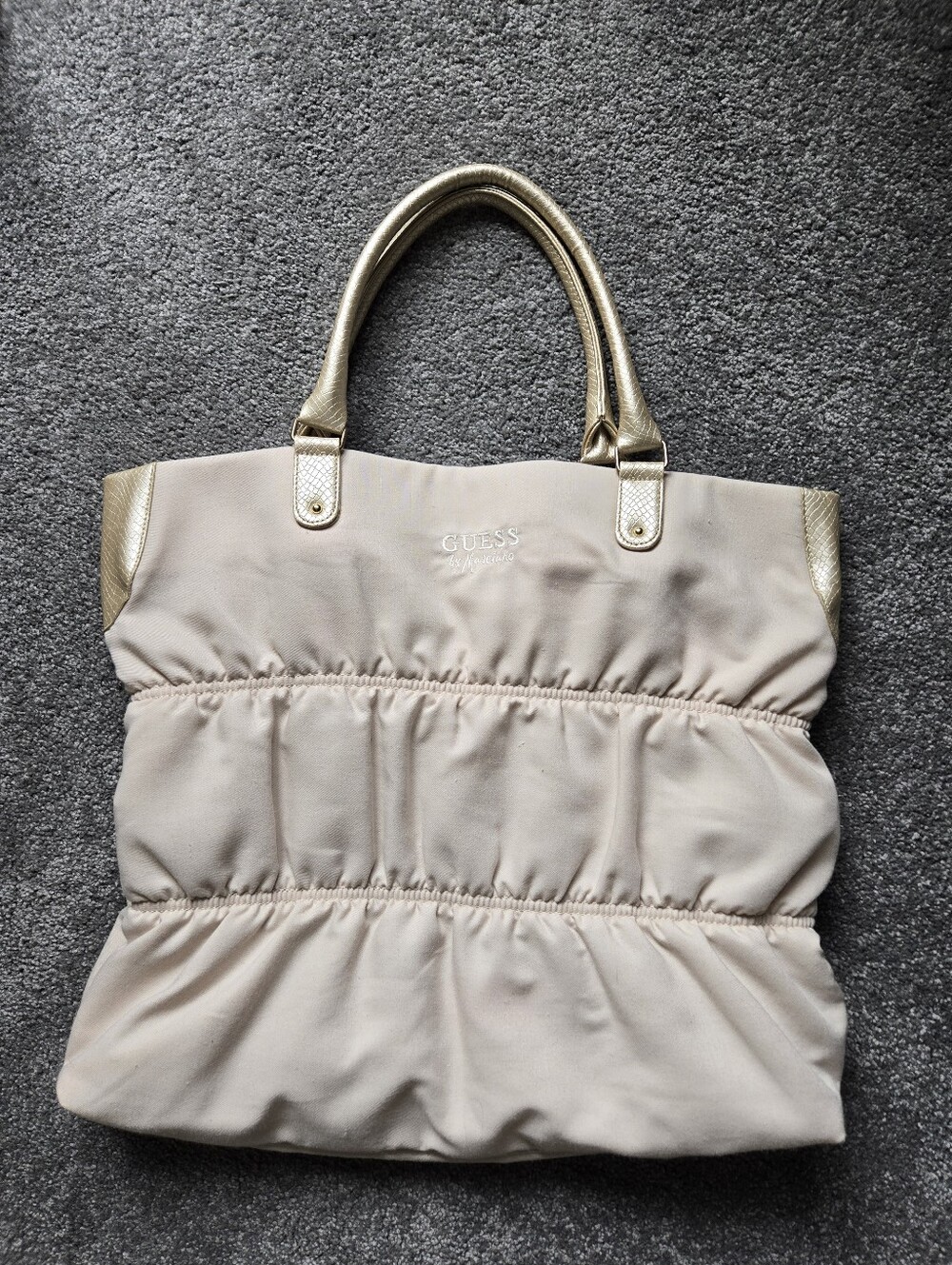 GUESS Cream Ruched Tote with Gold Handles